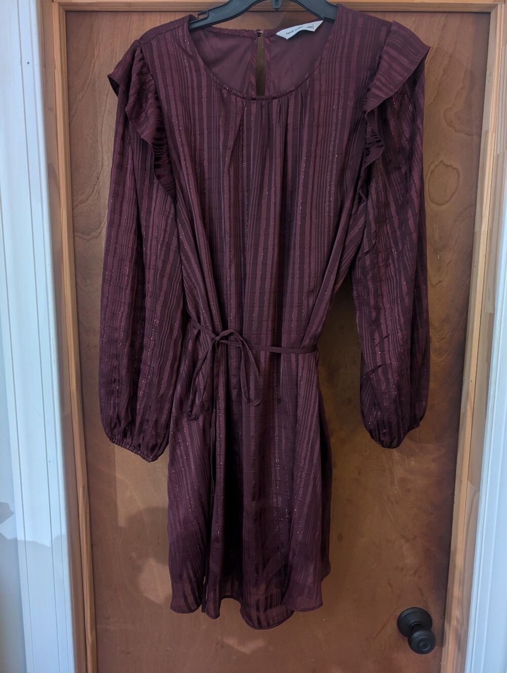 Nine West Women's Burgundy Long-Sleeve Ruffle Dress with Waist Tie